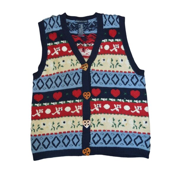 Vintage 90s Eagle's Eye Knit Sweater Vest Teacher Core Blue Red Hearts Size M - Picture 11 of 11
